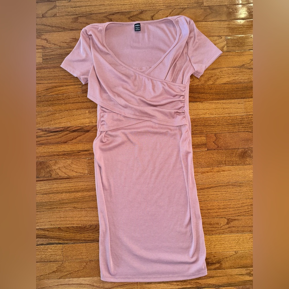 SHEIN Dusty Pink Ruched Wrap Midi Maternity & Breastfeeding Dress